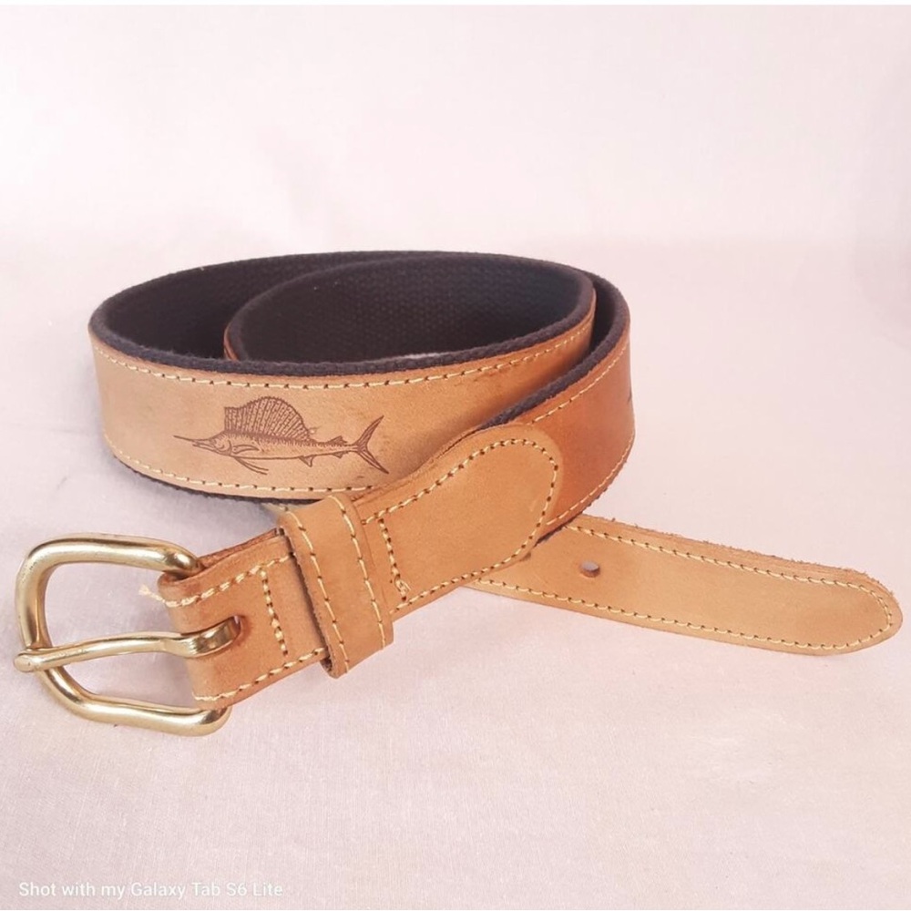 Leather Man Ltd Top Grain Surcingle Belt 34 Waist Tan Leather Over Canvas